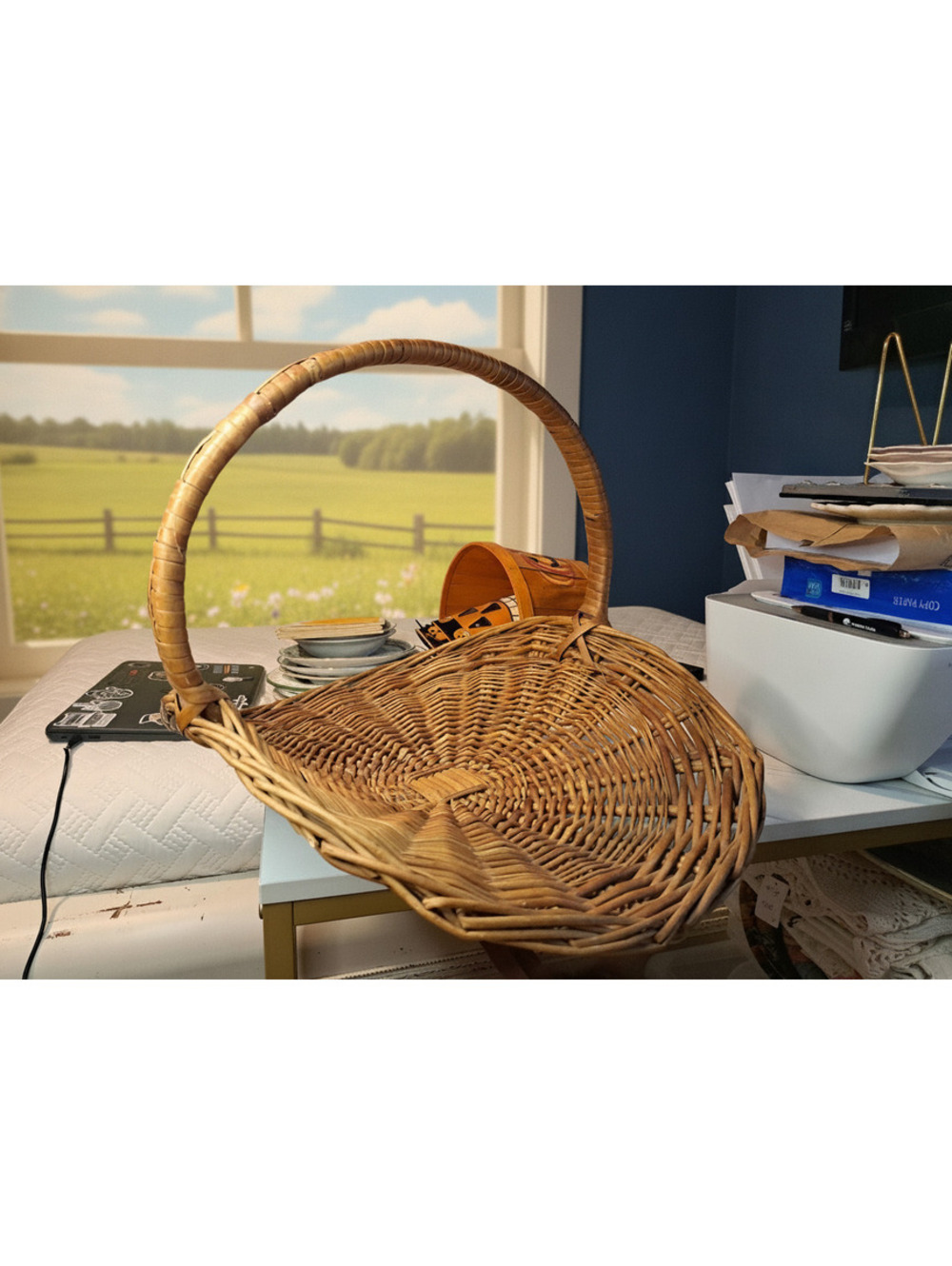 Vintage Large Hand-Woven Arched Handle Wicker Flower Gathering Basket 15" x 19"